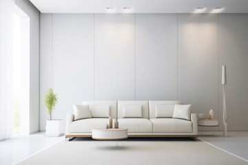 Fototapeta na wymiar interior background living light wall simple scandinavian couch white carpet pillow sofa house. Generative AI.