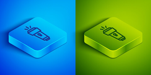 Isometric line Flashlight icon isolated on blue and green background. Square button. Vector