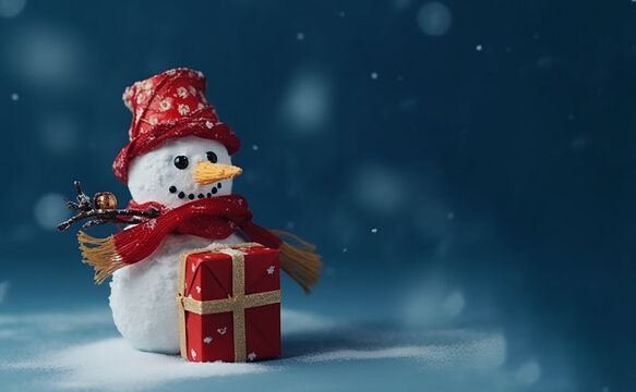 snowman toy with gift isolated on blue background, merry christmas. Generative AL