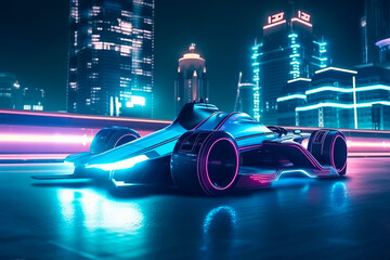 Futuristic Race car racing in night city at fast speed with track motion blur. Generative AI illustration