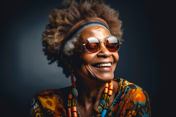 Smiling elderly black woman with gray afro hair and ethnic beads. Generative AI illustration