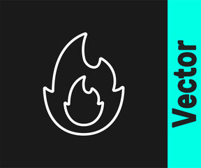 White line Fire flame icon isolated on black background. Vector