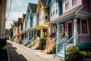 Naklejka premium Colorful Houses Lining the Street. AI