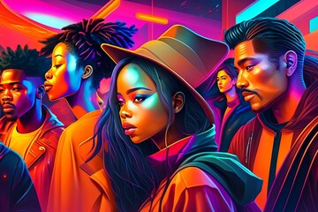 Obraz premium Midday Eclectic: An Abstract Portrait of a Harshly Lit Modern Crowd. Generative AI