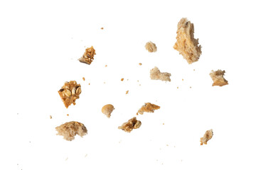 Crumbs of fresh whole grain bread isolated on white background. Isolate crumbs of different sizes...