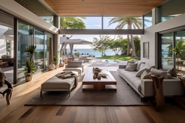 Obraz na płótnie Canvas Seamless Indoor-Outdoor Design Beachfront Home with Stunning Interior. AI