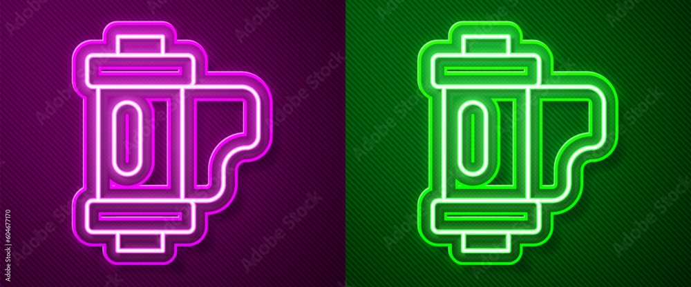 Wall mural Glowing neon line Camera vintage film roll cartridge icon isolated on purple and green background. 35mm film canister. Filmstrip photographer equipment. Vector