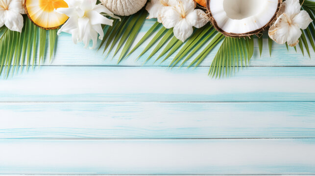 fondo claro turquesa de madera con  cocos, flores y hojas de palma, concepto de vacaciones,  ilustración ia generativa