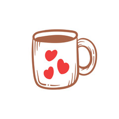 Cute coffee or tea cup doodle line art illustration with heart love shape morning vibes vector drawing.