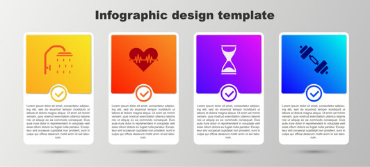 Set Shower head, Heart rate, Old hourglass and Dumbbell. Business infographic template. Vector