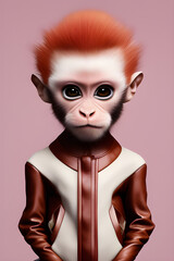 Portrait of a monkey with a mohawk in a leather jacket, a rock star. Creative portrait of a wild animal on a pink-beige background. Anthropomorphic animal, generative artificial intelligence
