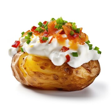Delicious Baked Potato with Sour Cream, and Chives on a White Background Generative AI