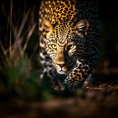 Naklejka na ściany i meble close up of leopard stalking in the night