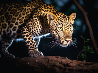 close up of leopard stalking in the night - obrazy, fototapety, plakaty