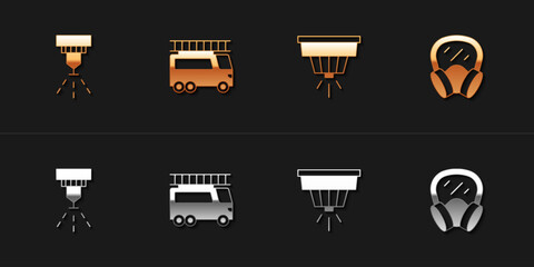 Set Fire sprinkler system, truck, Smoke alarm and Gas mask icon. Vector