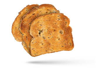 Isolate of three slices of toasted bread, for design or project. Toasted, golden, whole grain bread...