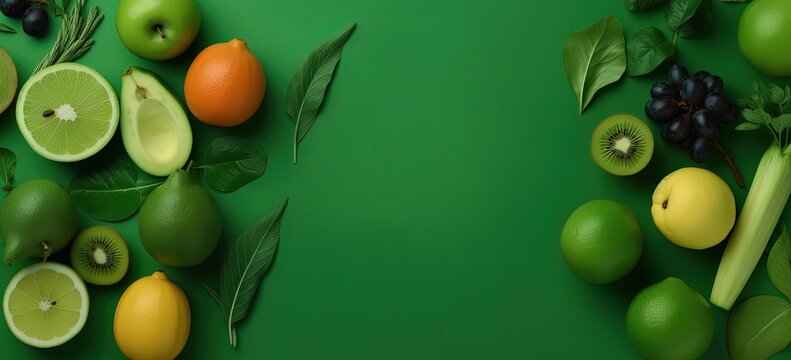 top view of ripe green fruits abstract background, lime, kiwi, grape, Generative Ai