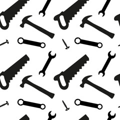 Vector silhouette repair instruments seamless pattern of renovation and building tools on white background. Saw, wrench, bolt, hammer. Pattern for mens holidays, fathers day.
