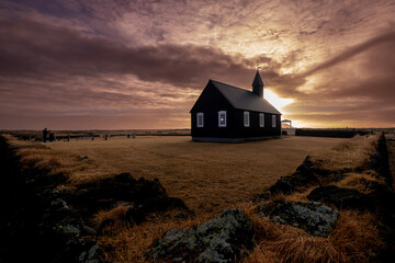 Budakirkja (Black Church) at sunset, Budir, Snaefellsnes Peninsula, Iceland