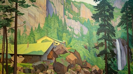 artistic illustration of valley village in forest mountain, idea for wall art decor, Generative Ai