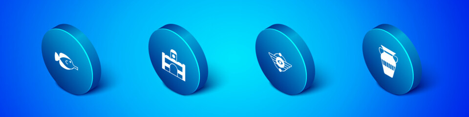 Set Isometric Butterfly fish, Egyptian symbol Winged sun, vase and house icon. Vector