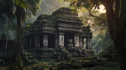 An ancient, weathered stone temple nestled amidst lush tropical forest