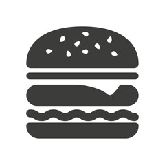 Black logo icon of a hamburger with cutlet cheese and lettuce. Fast food food. Vector illustration. Flat style.