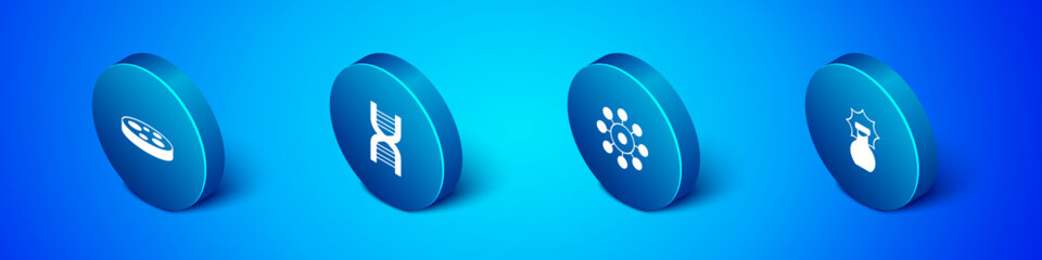 Set Isometric Petri dish with bacteria, Virus, Explosion in the flask and DNA symbol icon. Vector