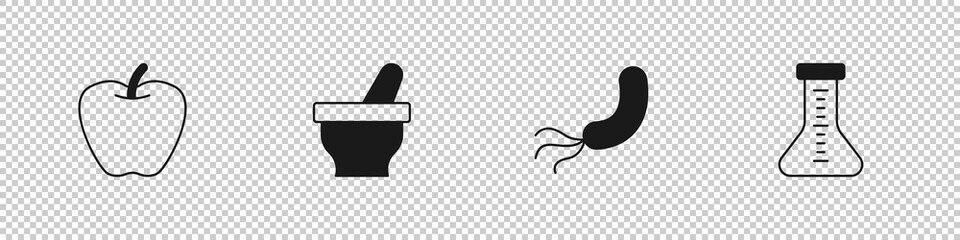 Set Apple, Mortar and pestle, Bacteria and Test tube icon. Vector