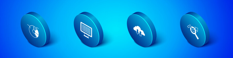 Set Isometric Pie chart infographic, Cloud download and upload, Search data analysis and Binary code icon. Vector