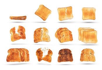Big set of different toasted bread slices from toaster isolated on white background. Diet food or...