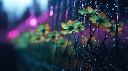 illustration of fancy flower field during raining , Generative Ai