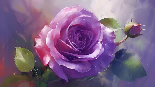 illustration of purple rose in night garden, idea for home wall decor artwork picture, Generative Ai