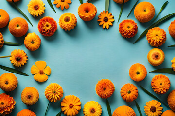Top view of a frame made of vibrant orange marigold petals on a pastel blue background with copy space, arranged flat lay