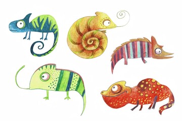Cartoon-style chameleon set, illustration isolated on white background. © Yana Protsenko
