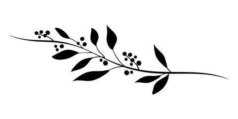 Contour of graceful decorative branches with monochrome leaves and black berries. For weddings and holidays. Decorative elements for design.