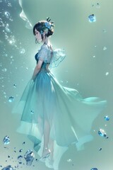 Enchanting Blue Fairy in an Aqua Gown with Butterfly Wings and Jewels

