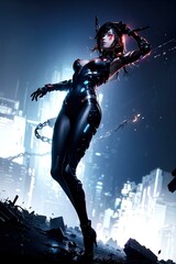 Fototapeta na wymiar Female superhero in futuristic city with flying hair