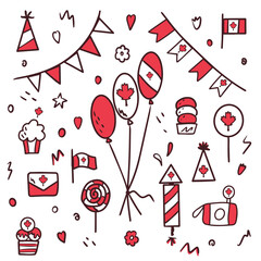 Canada Day. First of July. Set of doodle style symbols and icons in red and white. Maple leaf as a symbol. Greeting card, banner or poster. Vector