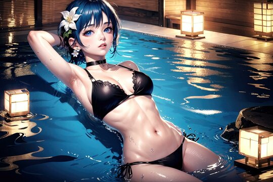 Beautiful woman in bikini lying backstroke swimming at poolside