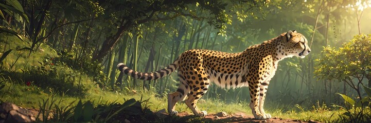 Wild cheetah running through forest