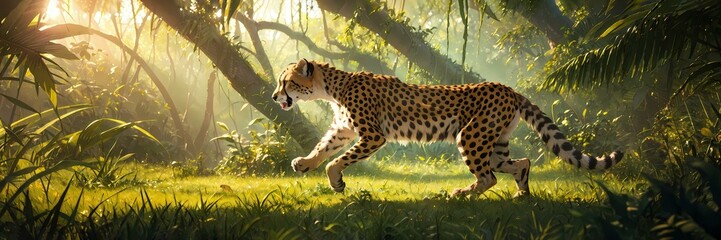 Running cheetah in grassy field