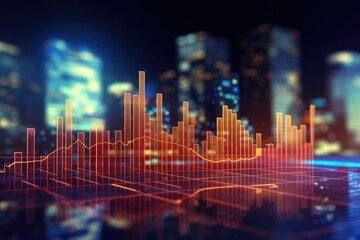 Obraz premium Perspective view of stock market growth, business investing and data concept with digital financial chart graphs, diagrams and indicators