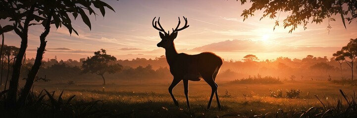 Sunset silhouette of majestic deer in grassy field