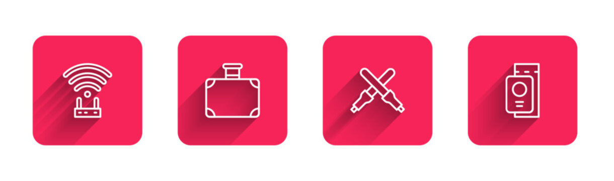 Set line Router and wi-fi signal, Suitcase, Marshalling wands and Passport with ticket with long shadow. Red square button. Vector