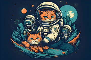 Illustration of astronaut cats in spacesuits in space, Generative AI