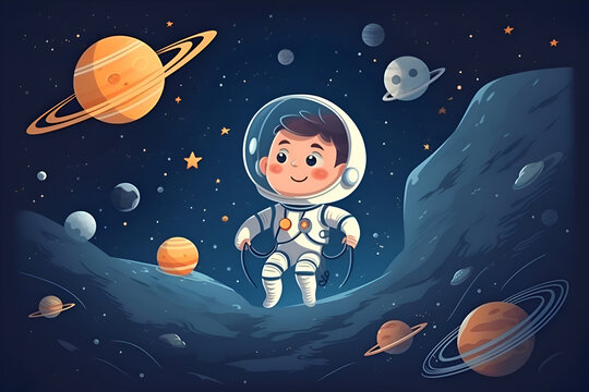 Illustration of a boy astronaut in a space suit in space among planets, Generative AI 2