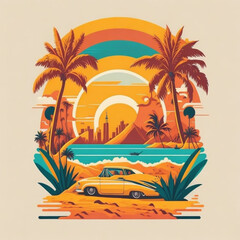 An illustration of a beach full of summer and vacation vibes. Created with generative AI