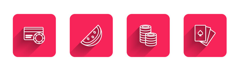 Set line Credit card, Casino slot machine with watermelon, chips and Deck of playing cards with long shadow. Red square button. Vector