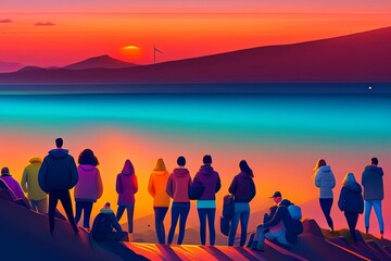 Fototapeta premium Nighttime Sci-Fi Portrait of Crowd with Low Realism and Moody Lighting Generative AI